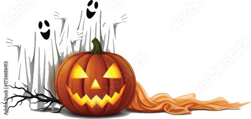 Spooky halloween ghosts with a glowing jack o lantern pumpkin for a fun holiday