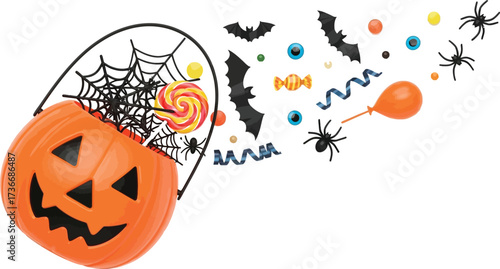 Halloween pumpkin bucket overflowing with candy bats spiders and spooky decorations