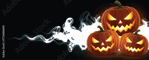 Spooky halloween pumpkins glowing with smoke on a dark background for a scary holiday