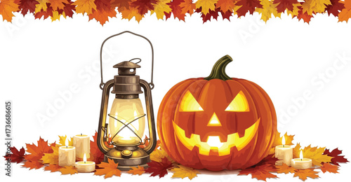 Festive halloween pumpkin lantern and candles with autumn leaves for a spooky celebration