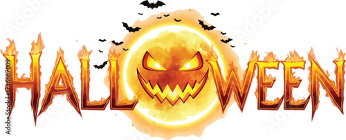 Spooky halloween text with bats and a grinning pumpkin moon on a white background