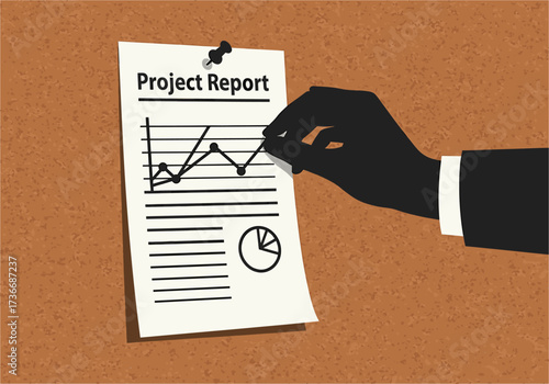 Hand pointing at a project report with charts on a corkboard, hand, pointing, project report, document, charts, graphs, pie chart, line graph, corkboard, bulletin board, paper, pinned, work, business,