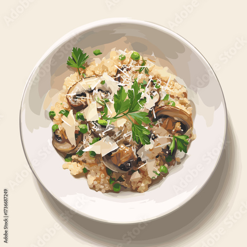 Quinotto with Mushrooms, Peas and Parmesan Cheese