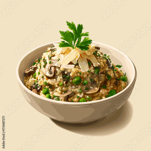 Quinotto with Mushrooms, Peas and Parmesan Cheese