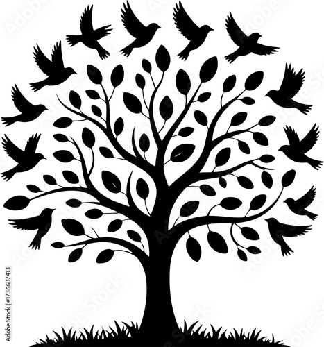Stylized silhouette of a tree with a flock of birds taking flight, symbolizing nature and freedom