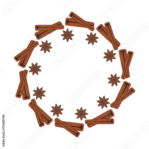 Circular wreath of cinnamon sticks and star anise, warm brown tones, rustic flat design, spiced aromatic pattern, symmetrical herbal arrangement