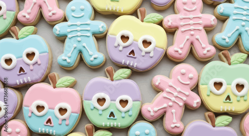 Pastel halloween sugar cookies with apple skull and skeleton gingerbread man designs