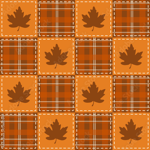 Autumn plaid pattern with maple leaves and stitched squares, warm orange and brown tones, seamless design for fabrics, quilting, and seasonal home decor