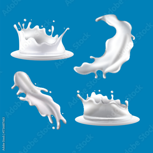 Realistic collection of fresh milk splashes and drops