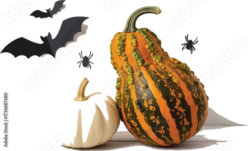 Spooky halloween scene with pumpkins bats and spiders on a white wooden background