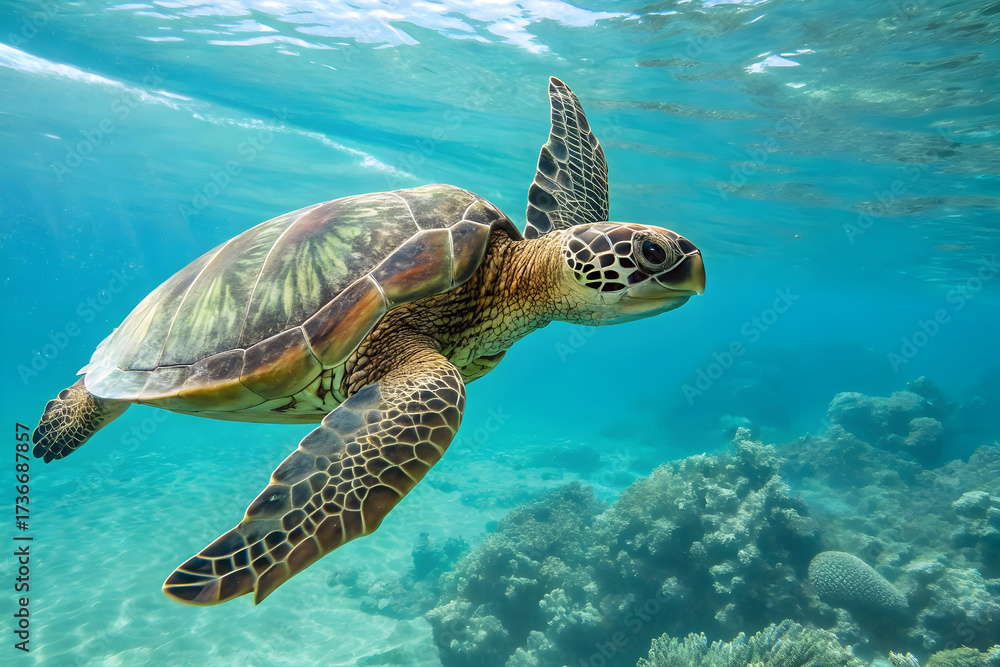 Fototapeta premium Green sea turtle swimming in clear turquoise ocean water over coral reef underwater