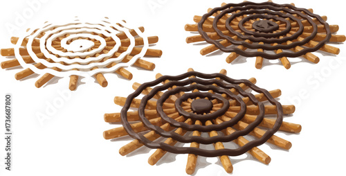 Delicious pretzel treats with chocolate and white icing on a bright white background
