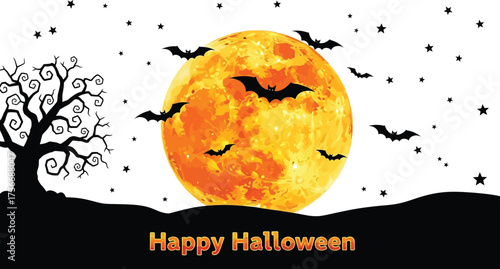 Spooky halloween night with full moon bats and creepy tree silhouette background design