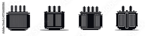 Power Transformer Silhouette Icons – Electrical Distribution Equipment Vector, High Voltage Energy Converter, Industrial Utility Device, Engineering Infrastructure and Electricity Substation Illustrat
