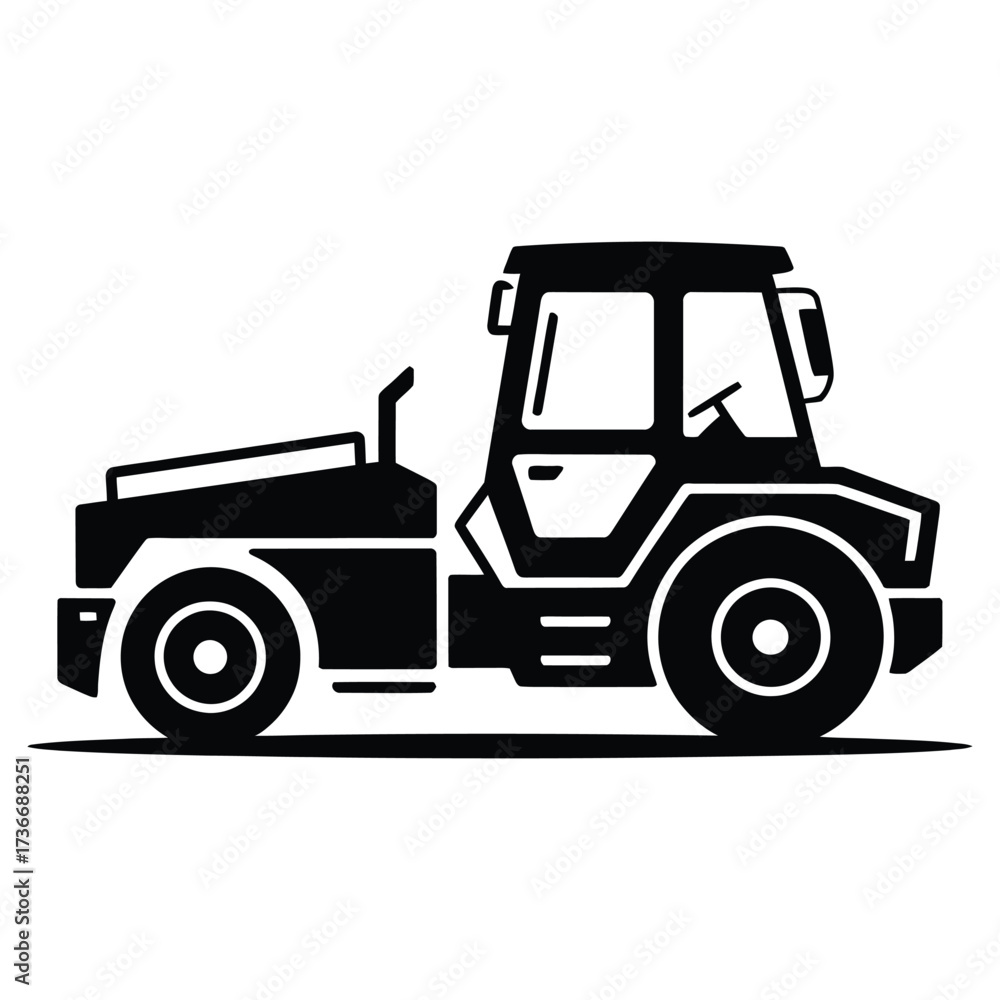 Naklejka premium Road Roller Silhouette Icon – Heavy Construction Equipment Vector, Asphalt Compactor Machine, Industrial Vehicle for Roadwork, Paving, Engineering, Infrastructure and Building Projects Illustration