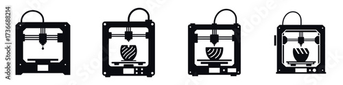 Set of 3D Printer Silhouette Icons – Additive Manufacturing, Modern Technology, Digital Fabrication, Industrial Innovation, Prototyping and Creative Printing Equipment Vector Illustration