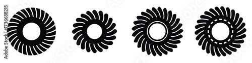 Turbine Wheel Silhouette Icons – Industrial Energy Equipment Vector, Power Plant Turbine Blades, Mechanical Engineering Parts, Steam and Gas Turbine Components for Electricity Generation Illustration