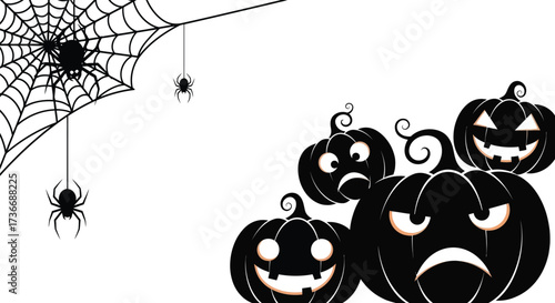 Spooky halloween background with black pumpkins and spiders on a white backdrop design