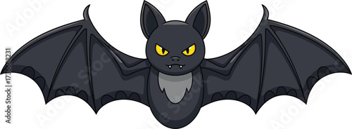Cartoon bat with spread wings and glowing yellow eyes for halloween designs