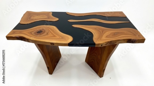 Modern live edge wood and black resin river coffee table