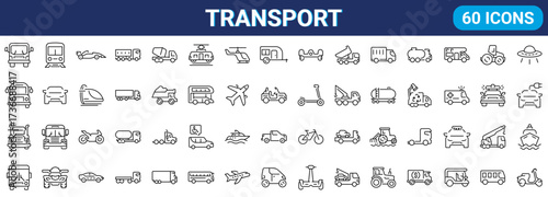 Transport web line icons. Containing car, bike, plane, train, bicycle, motorbike, bus and scooter. Editable stroke. Vector illustration