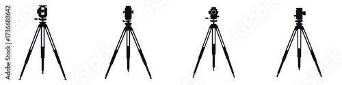 Theodolite Silhouette Icons – Surveying Equipment Vector, Land Measurement Tools, Engineering Tripod, Geodesy Instrument, Construction Survey Device, Topography and Mapping Illustration