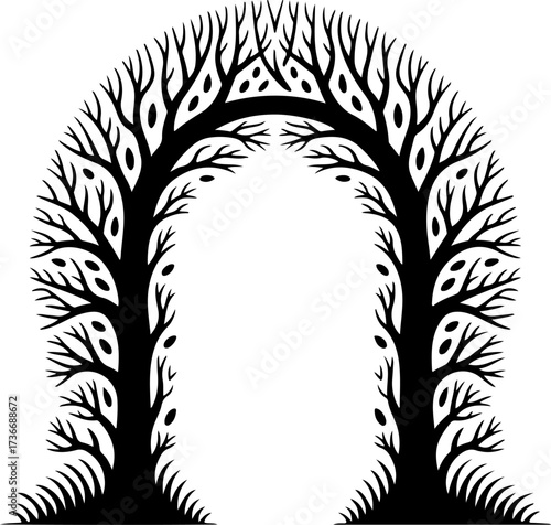 Nature's Portal A Black and White Tree Archway Illustration