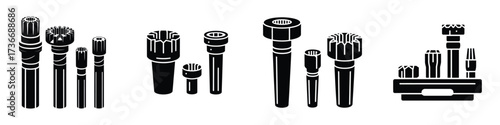 Spline Shaft Silhouette Icons – Mechanical Engineering Parts Vector, Industrial Gear Components, Machine Elements, Power Transmission Tools, Metalworking Equipment and Precision Manufacturing Illustra