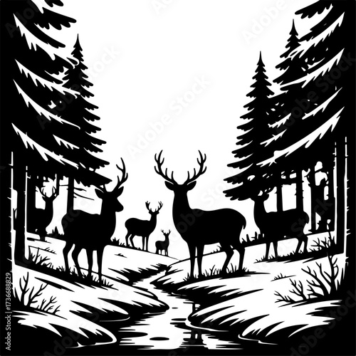 Silhouette of deer in a forest scene, a black and white illustration