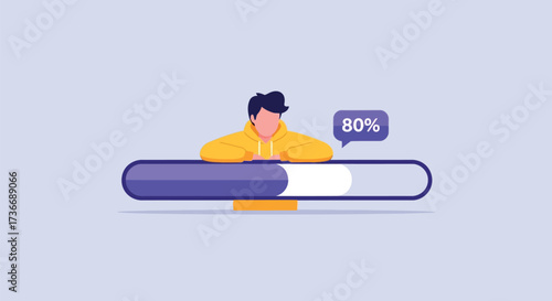 Man in Yellow Hoodie Leaning on a Progress Bar Showing 80 Percent Loading male person