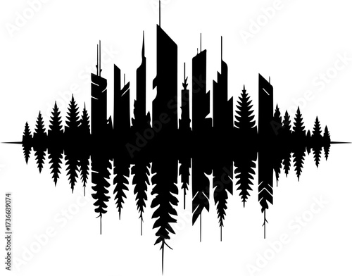 City Meets Nature Silhouette of Urban Skyline and Forest Trees