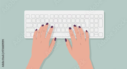 Overhead view of hands typing on a white computer keyboard with a pastel green background technology
