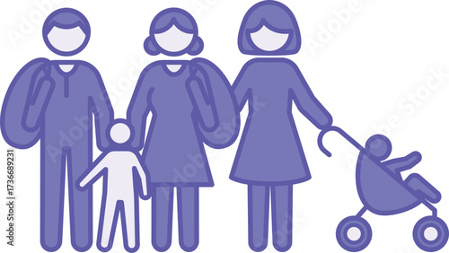 Colored Children and Families Icons. Vector Illustration. Father, Mother, Child, and Woman with Baby. Refugees, Emigration, Immigration. World Refugee Concept