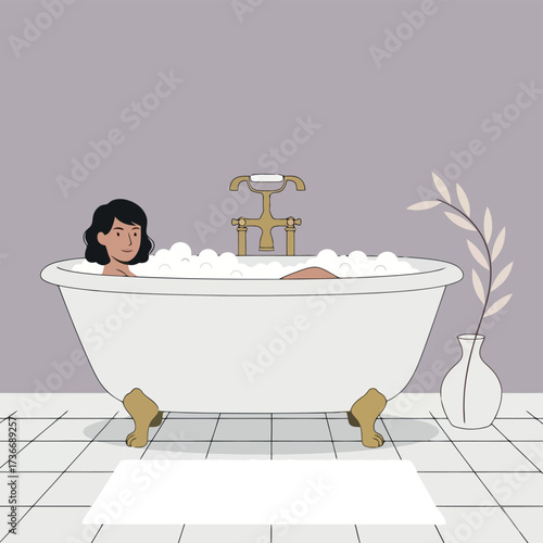 Woman Relaxing in a Bubble Bath in a Clawfoot Tub bathtub bubbles