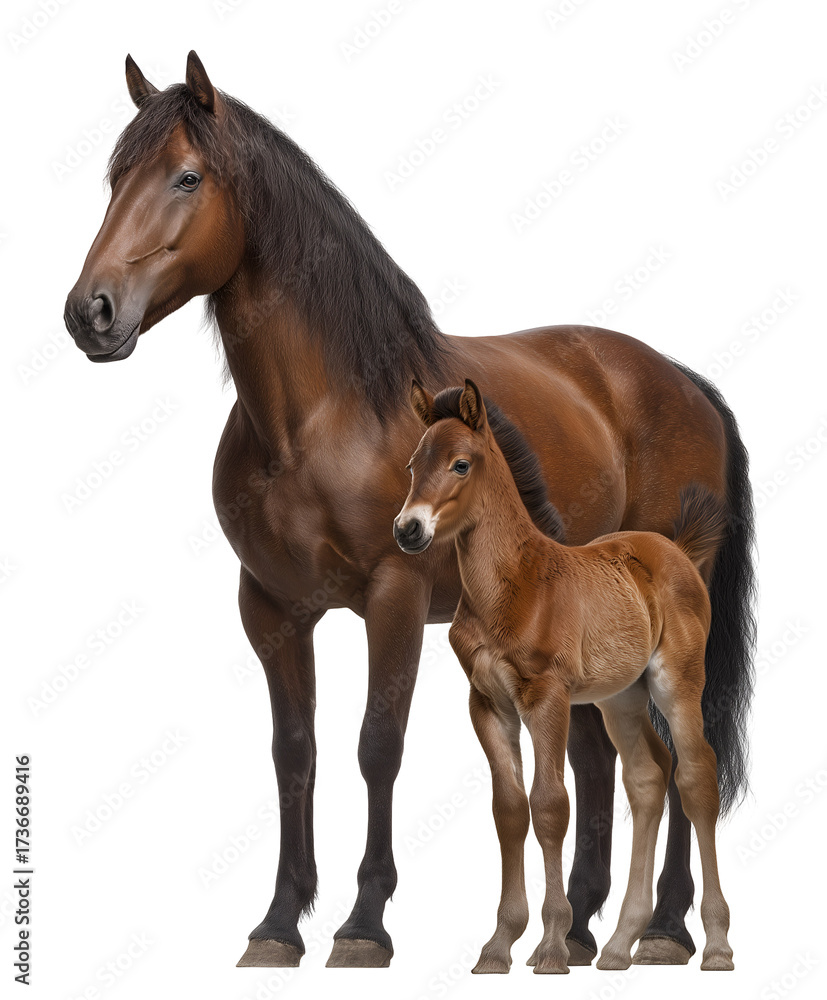 Naklejka premium Adult brown horse and lighter foal stand together on white, showcasing contrast in size, coat, and expression in a lifelike equine portrait.
