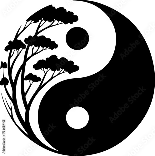 Yin Yang symbol with a tree of life growing, representing the concept of balance, harmony, and nature