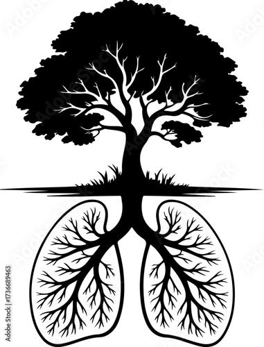 Symbolic tree with lung-shaped roots, highlighting nature's essential role in respiratory health and clean air for ecological balance