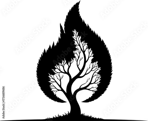 A powerful symbolic silhouette of a tree engulfed in a flame, representing wildfire and environmental crisis