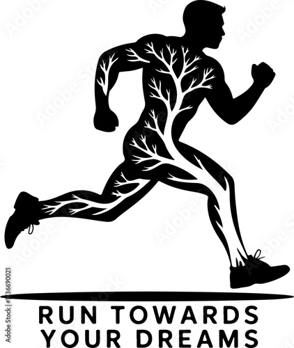 Motivational vector illustration of a runner with internal roots, representing the concept of running towards your dreams