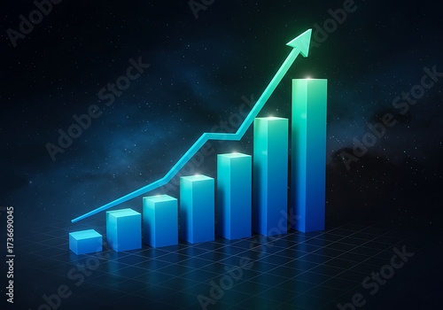 Free Download Glowing blue and green 3d bar chart with upward trend line - GFXLoad