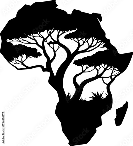 African continent silhouette with acacia trees and lush foliage inside