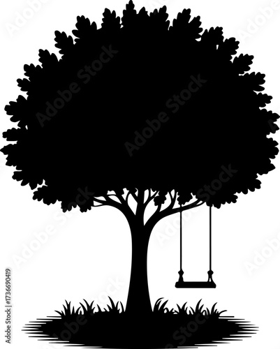 Silhouette of a Large Tree with a Swing Hanging from a Branch on a White Background
