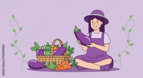 Illustration of a woman with vegetables, basket, and nature, harvesting the organic crops.