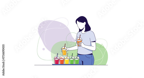Illustration of a woman with smoothies, drinks, and various colorful refreshments