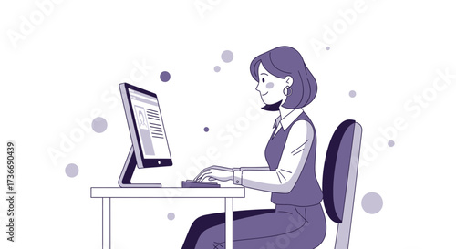 Illustration of a woman working at a desk in front of a computer with minimalist style