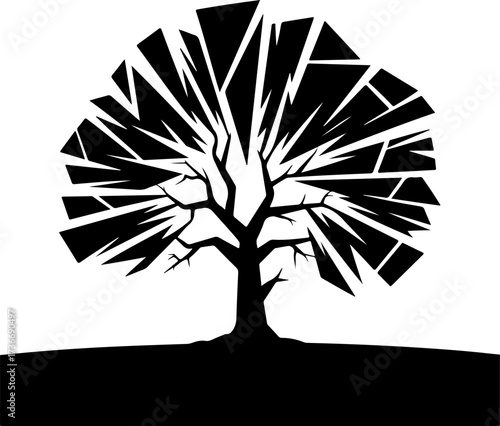 Modern graphic illustration of a fractured tree with a shattered canopy concept for logo design