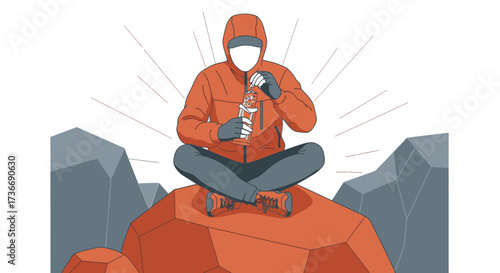 Illustration of a person eating while sitting on a rock in an outdoor scene