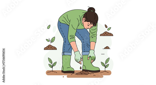 Illustration of a Person Gardening in an Outside Environment Planting a Seed