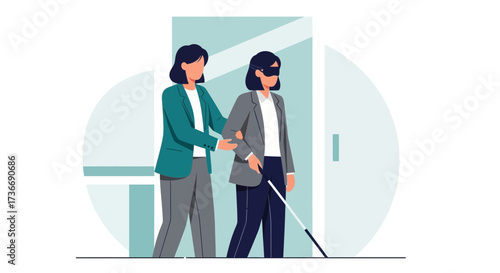 Illustration of a person helping a blind person with a white cane to walk safely indoors