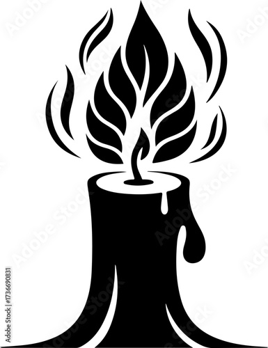 Stylized black silhouette of a burning candle with a decorative leaf-like flame, symbolizing warmth, light, and tranquility